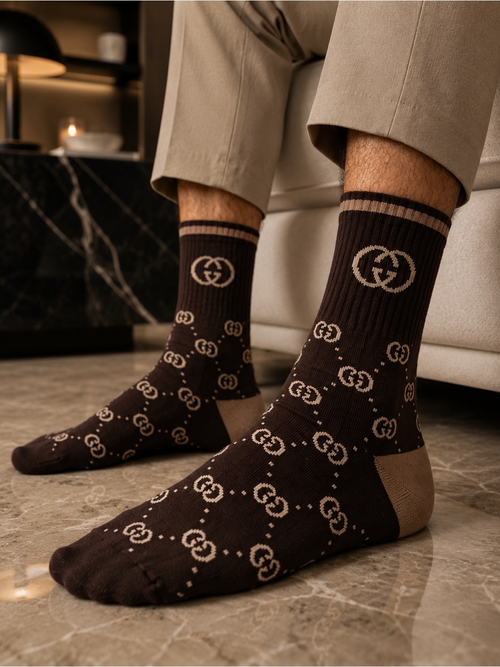 Gucci Brown & Beige GG Logo Crew Socks